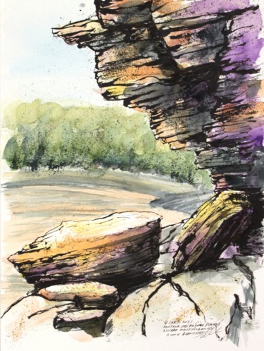 Parois de roches stratifiées du parc Montmorency Dessin intitulée "Parois de roches st…" par René Blanchet, Œuvre d'art originale, Encre