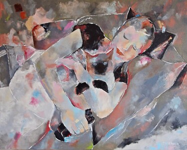Abstract Oil Painting of Woman Embracing Cat. 绘画 标题为“Abstract Oil Painti…” 由Daheaven Art, 原创艺术品, 油 安装在木质担架架上