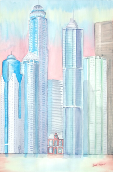 Aquarelle originale et unique, intitulée: Gratte-ciel Peinture intitulée "Aquarelle originale…" par Isabelle Redonnet, Œuvre d'art originale, Aquarelle