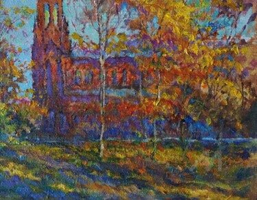 Осень.Костел. Painting titled "Осень.Костел." by Vladimir Kuriakov (Vladimir Kuryakov), Original Artwork, Oil Mounted on Wood Stretcher fr…
