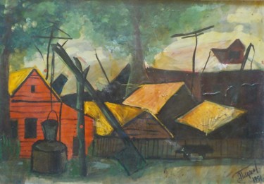 Painting titled "Landscape with vill…" by Aleksandr Glukhov, Original Artwork, Gouache