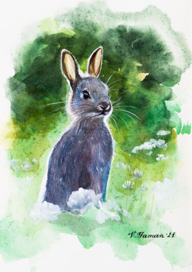 Watercolor wild rabbit. Baby. Green background. 绘画 标题为“Watercolor wild rab…” 由Виктория Гаман, 原创艺术品, 水彩