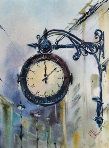 RETRO CLOCK Painting titled "RETRO CLOCK" by Elena Krivoruchenko, Original Artwork, Watercolor