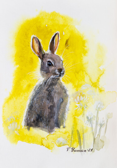 Watercolor wild rabbit. Baby rabbit. Yellow background. Malarstwo zatytułowany „Watercolor wild rab…” autorstwa Виктория Гаман, Oryginalna praca, Akwarela