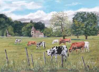 绘画 标题为“Vaches dans le bas…” 由Michel De Ruyck, 原创艺术品, 孔戴 安装在木板上