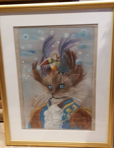 Dessin intitulée "chat botte" par Delphine Grezes, Œuvre d'art originale, Pastel Monté sur Verre