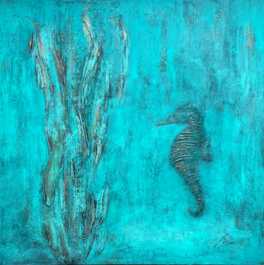 Golden Seahorse - Marine Art (80x80cm, Textured) Peinture intitulée "Golden Seahorse - M…" par Koorosh Nejad, Œuvre d'art originale, Acrylique