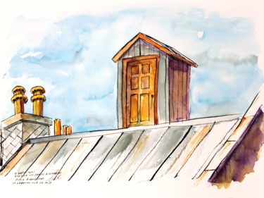 Le cabanon sur le toit (sans blague) Drawing titled "Le cabanon sur le t…" by René Blanchet, Original Artwork, Ink