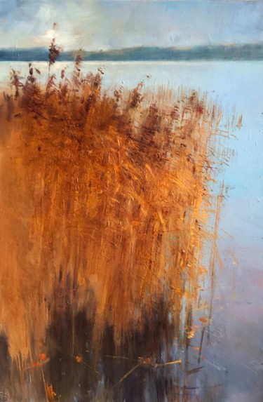 「Reeds」というタイトルの絵画 Olga Kholodovaによって, オリジナルのアートワーク, オイル ウッドストレッチャーフレームにマウント