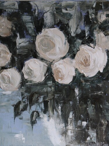 Картина под названием "White roses" - Helen Hill, Подлинное произведение искусства, Масло
