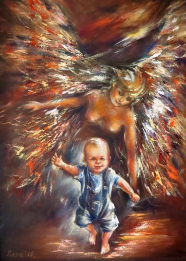 The Guardian Angel original oil painting Mother and Son 绘画 标题为“The Guardian Angel…” 由Eleonora Taranova, 原创艺术品, 油 安装在木质担架架上