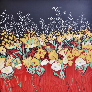 Schilderij getiteld "Fleurs d'or au vent…" door Meryl, Origineel Kunstwerk, Acryl Gemonteerd op Frame voor houten brancard