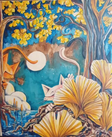 Chats gingko Peinture intitulée "Chats gingko" par Jsroosenys, Œuvre d'art originale, Acrylique
