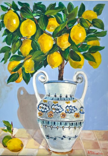 Potted Lemon Tree Painting titled "Potted Lemon Tree" by Natalja Dibanina, Original Artwork, Acrylic Mounted on Wood Stretcher frame