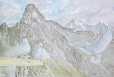 Aquarelle originale et unique, intitulée: Col des colombes Peinture intitulée "Aquarelle originale…" par Isabelle Redonnet, Œuvre d'art originale, Aquarelle