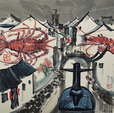 Chine bestiale - Langoustes dans la ville 绘画 标题为“Chine bestiale - La…” 由Wa Wong, 原创艺术品, 墨