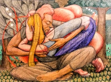 图画 标题为“Lovers 17” 由Edwin Loftus, 原创艺术品, 铅笔 安装在其他刚性面板上