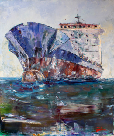 Seascape. Large merchant ship. Calm sea. Waves. Картина под названием "Seascape. Large mer…" - Oleg Sharapanovsky, Подлинное произведение искусства, Масло Установлен на Дер…