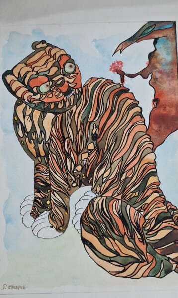 印花与版画 标题为“Le tigre” 由Sylvie Etienne, 原创艺术品, 水彩