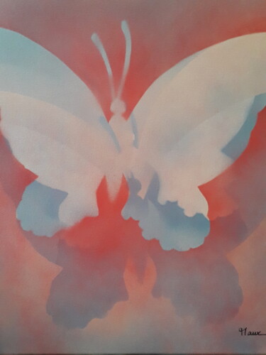 「Le papillon」というタイトルの絵画 Patrick Mauxion (MAUX)によって, オリジナルのアートワーク, スプレー式塗料 ウッドストレッチャーフレームにマウント