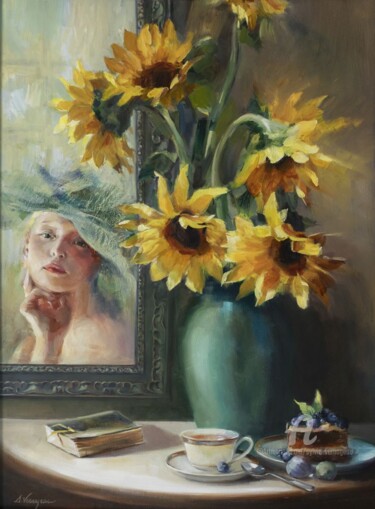 Peinture intitulée "La pensive" par Sylvie Vernageau, Œuvre d'art originale, Huile Monté sur Panneau de bois