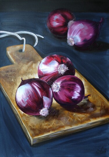 Purple onion Painting titled "Purple onion" by Anna Shabalova, Original Artwork, Oil Mounted on Wood Stretcher frame