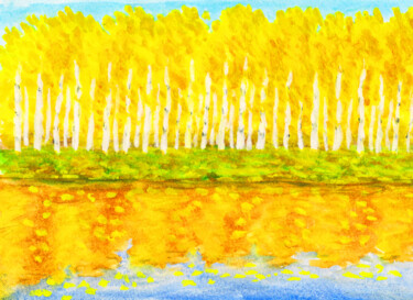 Golden birch forest with reflection 「Golden birch forest…」というタイトルの絵画 Irina Afonskayaによって, オリジナルのアートワーク, 水彩画