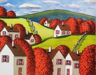 Les collines aux arbres rouges Peinture intitulée "Les collines aux ar…" par Sabrina Riggio, Œuvre d'art originale, Acrylique