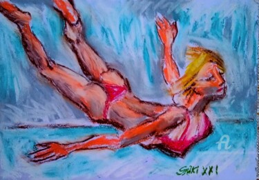 Painting titled "Dans la piscine" by Slobodan Spasojevic (Spaki), Original Artwork, Pastel