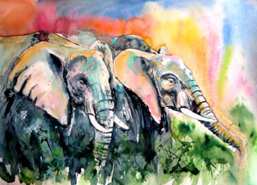 Elephant together Peinture intitulée "Elephant together" par Anna Brigitta Kovacs (KAB), Œuvre d'art originale, Aquarelle