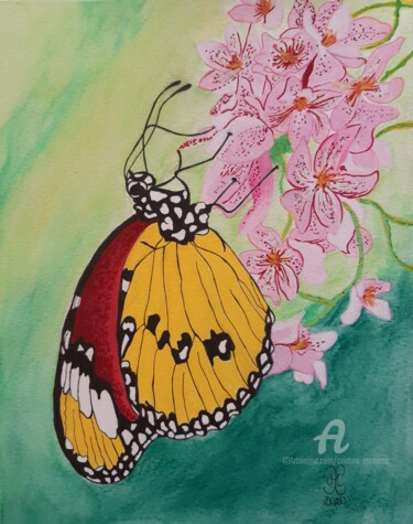 图画 标题为“Le papillon et la f…” 由Cristina Carmona, 原创艺术品, 标记
