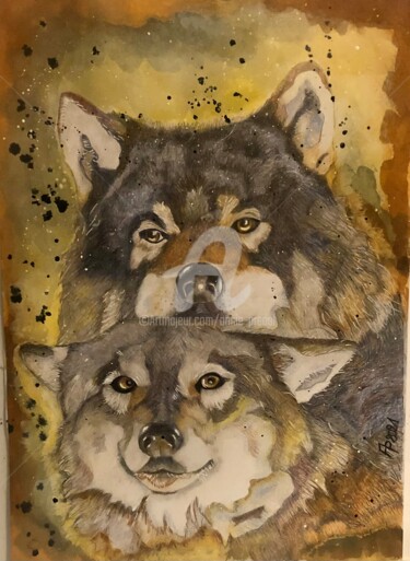 Dessin intitulée "Le loup et sa Louve" par Annie Predal, Œuvre d'art originale, Crayon