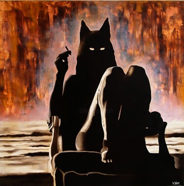 제목이 "Mystical Cat Mask P…"인 미술작품 Daheaven Art로, 원작, 기름 나무 들것 프레임에 장착됨