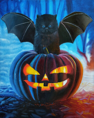 Kitten and Halloween 绘画 标题为“Kitten and Halloween” 由Iryna Bohdanova, 原创艺术品, 油