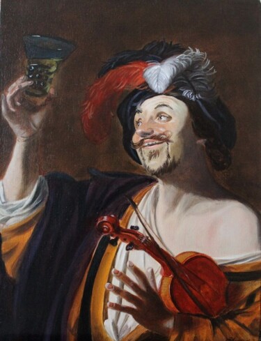 Painting titled "A cheerful musician" by Elena Lyutcher, Original Artwork, Oil Mounted on Wood Stretcher frame