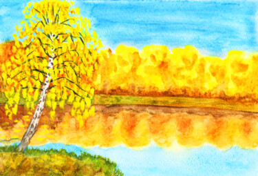 Autumn landscape with Birch tree near lake Ζωγραφική με τίτλο "Autumn landscape wi…" από Irina Afonskaya, Αυθεντικά έργα τέχνης, Ακουαρέλα