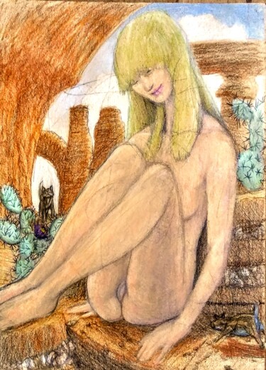 图画 标题为“Nude in the Desert” 由Edwin Loftus, 原创艺术品, 铅笔 安装在其他刚性面板上
