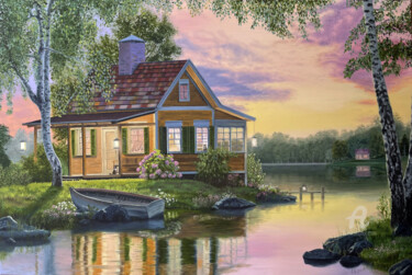 Oil painting House Lake River Sunset Cat Sea Flowers Boat 绘画 标题为“Oil painting House…” 由Tatiana Татьяна Lapina Лапина, 原创艺术品, 油