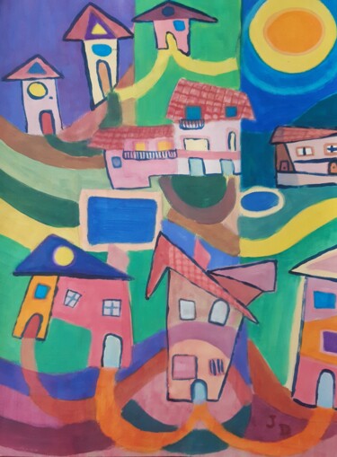 Schilderij getiteld "Village ensoleillé" door Jacques Desvaux (JD), Origineel Kunstwerk, Acryl