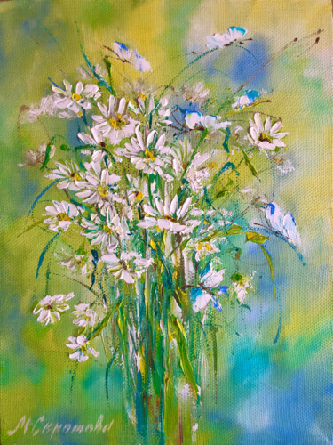 LITTLE JOYS - Painting with white daisies. Painting titled "LITTLE JOYS - Paint…" by Marina Skromova, Original Artwork, Oil Mounted on Wood Panel