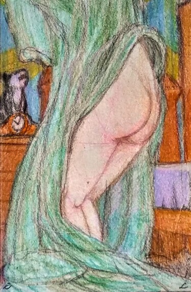 图画 标题为“Woman putting on he…” 由Edwin Loftus, 原创艺术品, 粉彩 安装在其他刚性面板上