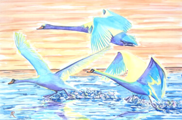 Aquarelle originale et unique intitulée: Trois cygnes Peinture intitulée "Aquarelle originale…" par Isabelle Redonnet, Œuvre d'art originale, Aquarelle