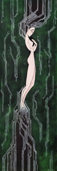 Media Captive, information technology, woman naked, green 绘画 标题为“Media Captive, info…” 由Yulia Belasla, 原创艺术品, 丙烯