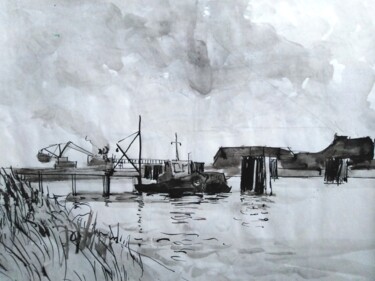 Dessin intitulée "Le chenal" par Claude Hardenne, Œuvre d'art originale, Encre
