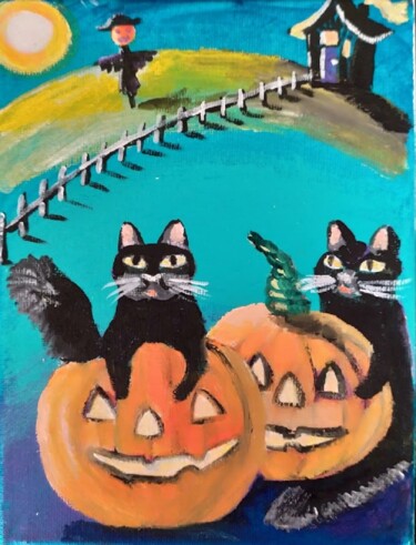 Halloween art "Cats and pumpkins" mini-sized wallart 제목이 "Halloween art "Cats…"인 미술작품 Invinci Bill Jean로, 원작, 아크릴