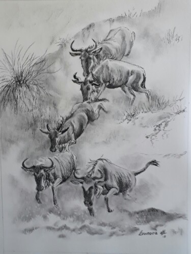 Dibujo titulada "Wildebeest migration" por Leonora De Lange, Obra de arte original, Carbón