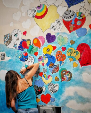 Fresque de coeurs, envolé de coeur en street art Peinture intitulée "Fresque de coeurs,…" par Juliette B'Art, Œuvre d'art originale, Acrylique