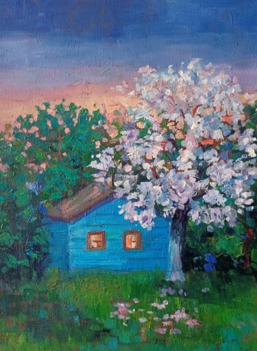 Spring sunset, wooden house in the garden, cherry blossom Ζωγραφική με τίτλο "Spring sunset, wood…" από Елена Рожко, Αυθεντικά έργα τέχνης, Λάδι