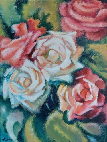 Malerei mit dem Titel "Red and white roses" von Elena Sergo, Original-Kunstwerk, Öl