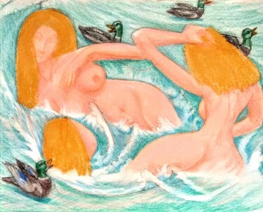 Three Water Nymphs with Ducks 图画 标题为“Three Water Nymphs…” 由Edwin Loftus, 原创艺术品, 粉彩 安装在其他刚性面板上